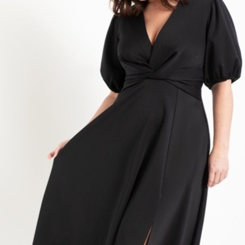 PUFF SLEEVE FIT AND FLARE DRESS WITH SIDE SPLIT
